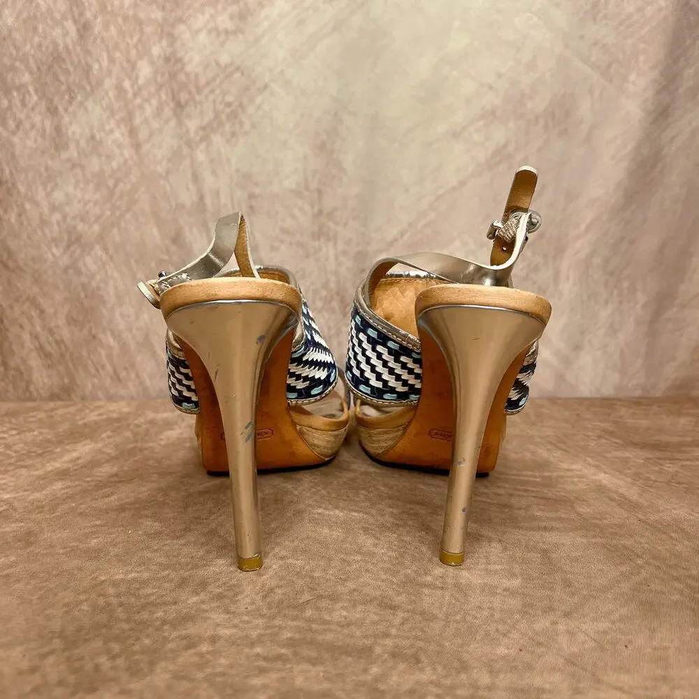 Coach Steffi Heels Pumps Slingback Woven Open Toe Sandals Silver Metallic Blue